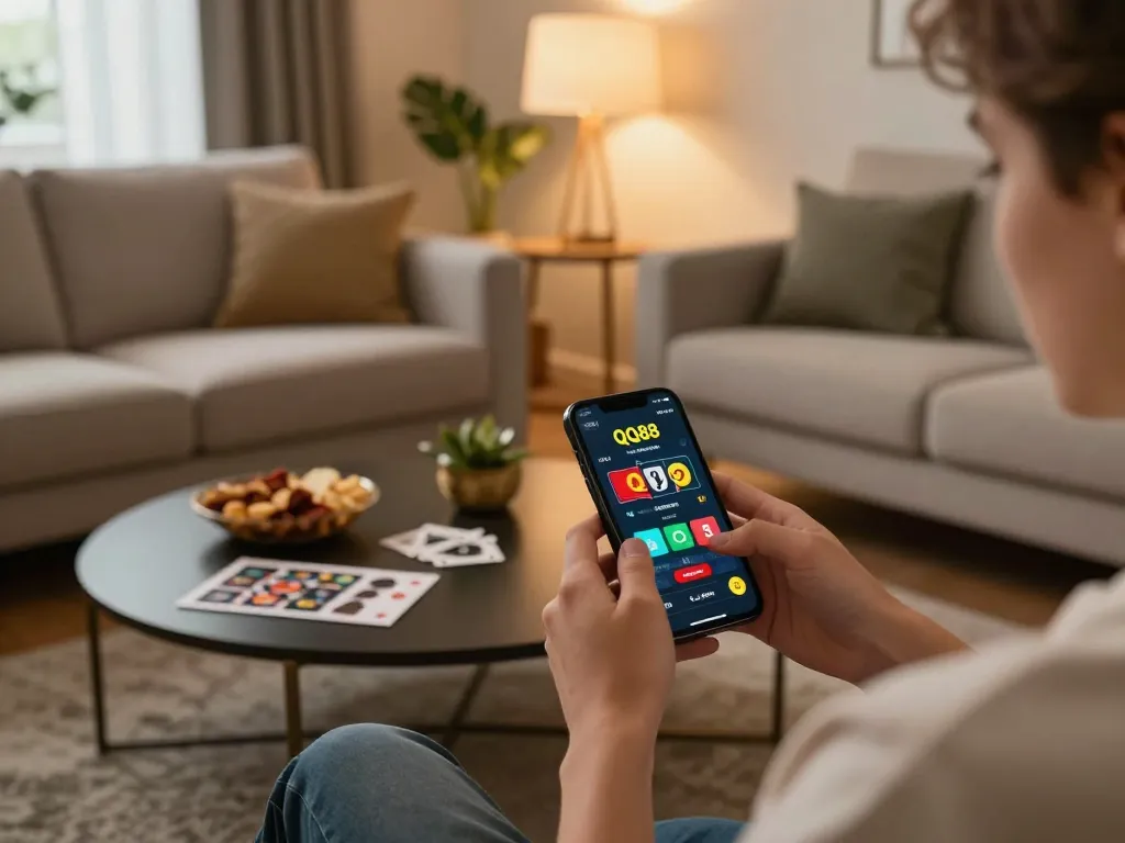 Engaging with the QQ88 casino app for online gaming on a cozy sofa at home.