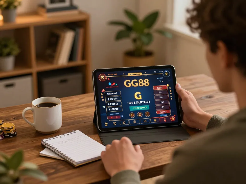 Player engaging with GG88's casino app on a tablet, showcasing a cozy gaming environment.
