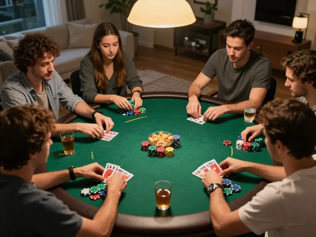 Players strategizing their poker hands during an exciting QQ88 home game night.