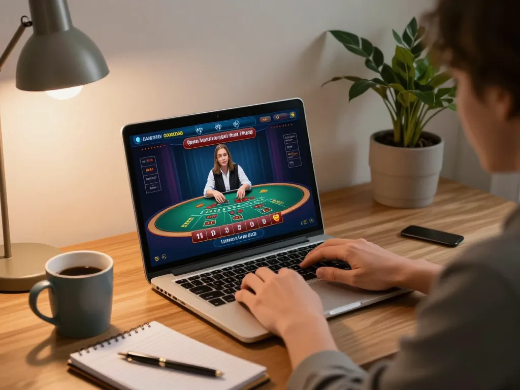Engaged player using SC88 for online blackjack at home desk, focused on game strategy.