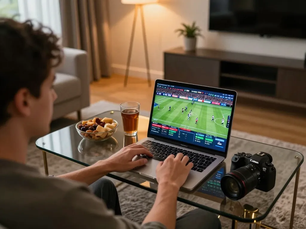 Engaging in sports betting on RR88 with a laptop in a stylish home setting.
