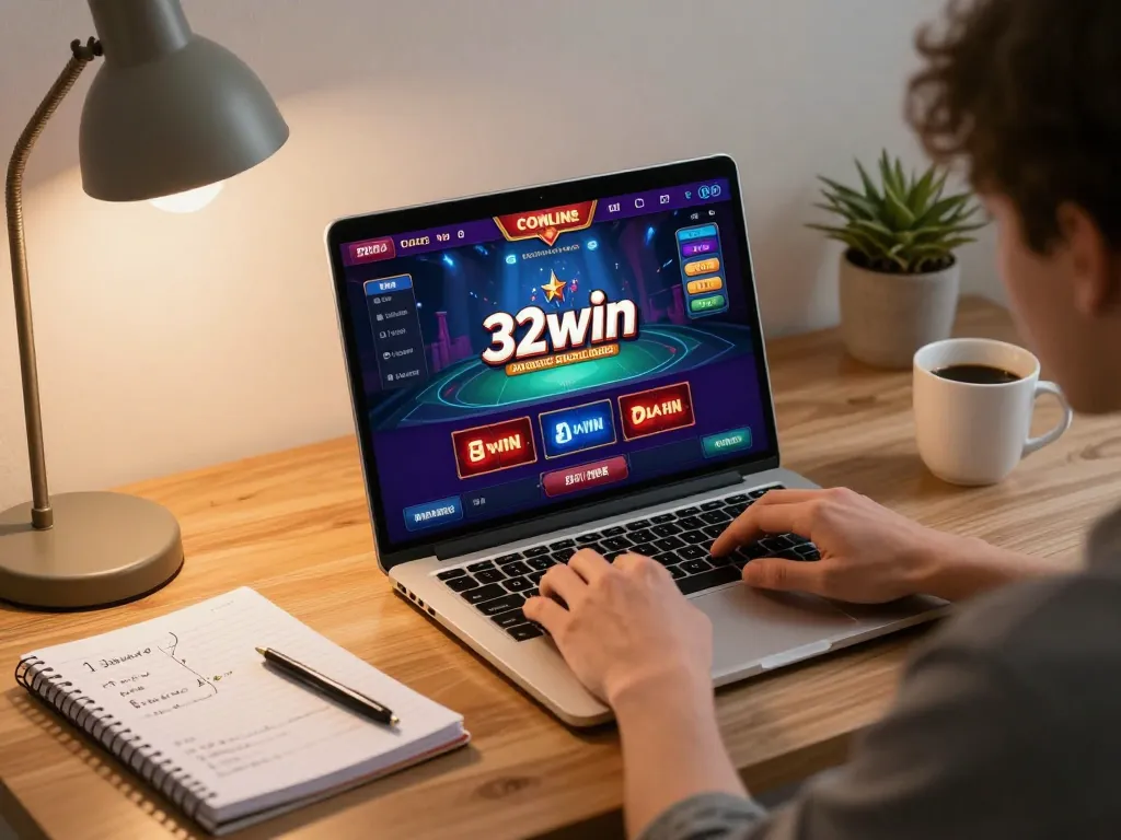 Engaging player using 32win for online casino gaming with strategic notes beside