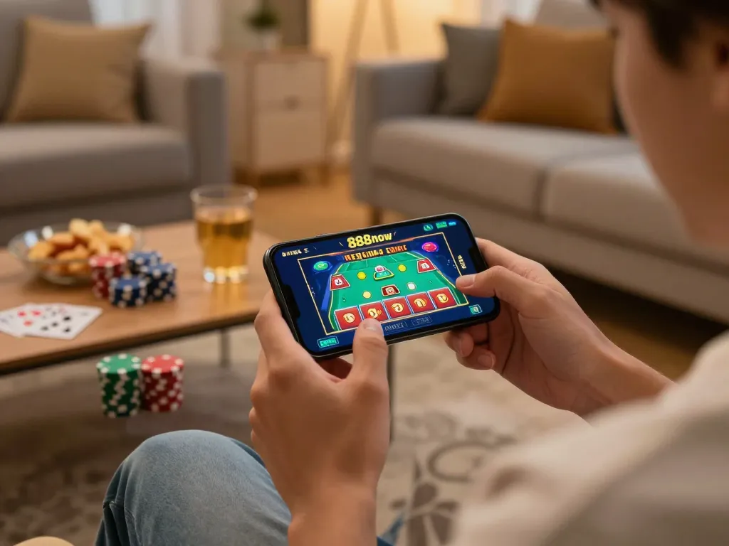 Player engaging with the 888now mobile app for an exciting online gambling experience.