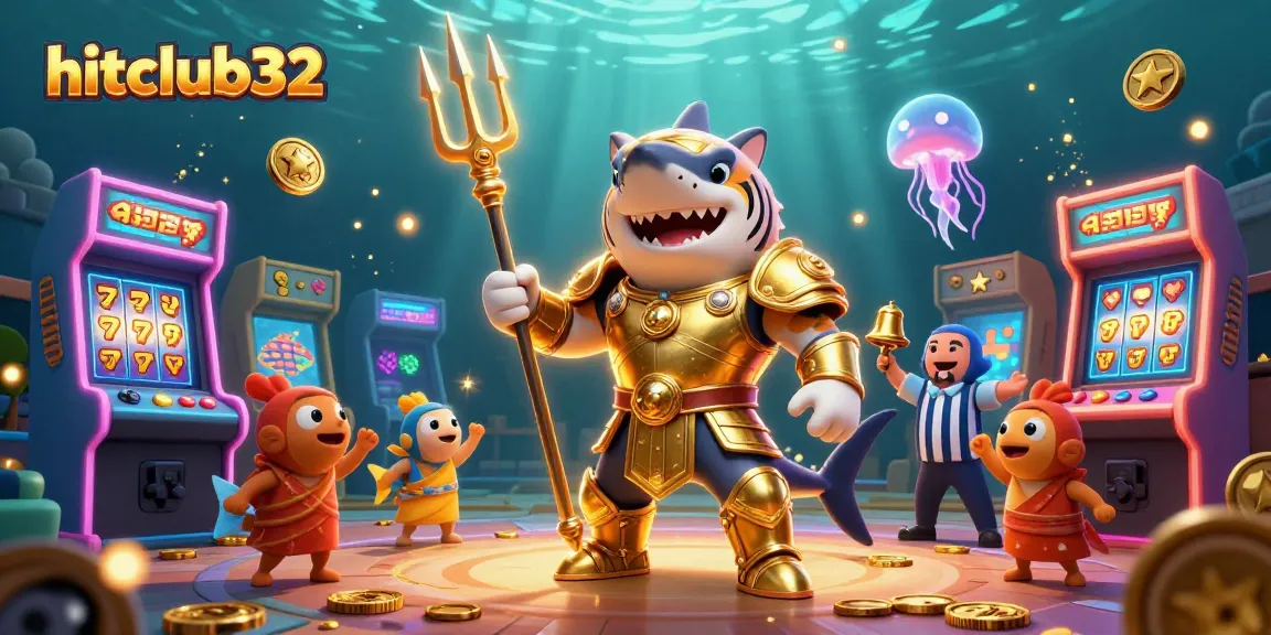 Engage with hitclub32’s underwater gaming adventure featuring a tiger shark amidst slot machines and arcade elements.