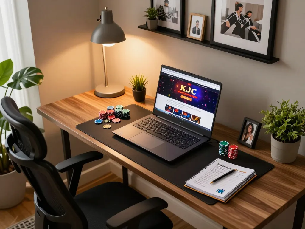 KJC online casino gaming setup with laptop and poker chips in a cozy home environment.