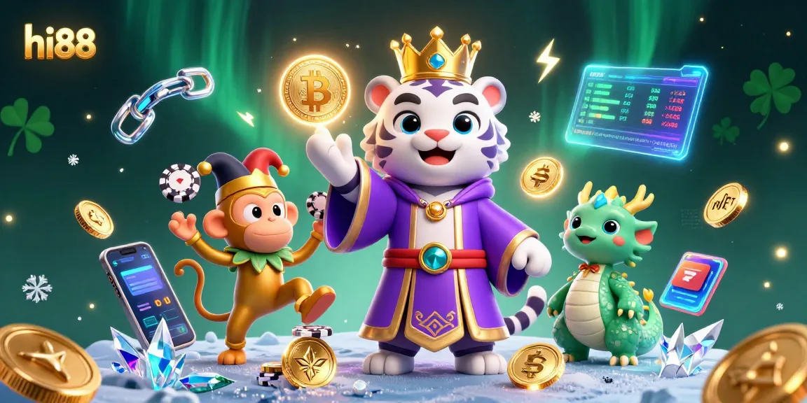 Engage with hi88 gaming through the vibrant 3D illustration showcasing a playful scene of a tiger, monkey, and dragon amid casino-themed elements.