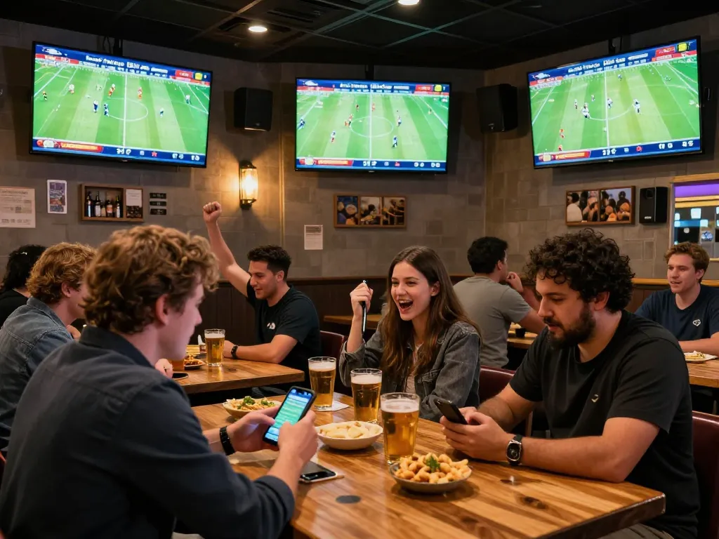 Socolive sports fans enjoying live football betting in a vibrant bar atmosphere.