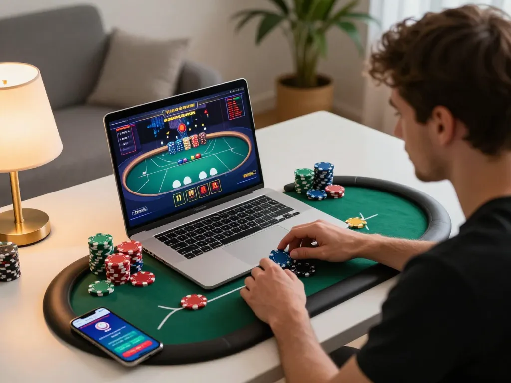 Player strategizing on Vuabet during live online poker game at home desk.