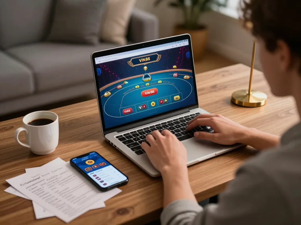 Engaging with the VIN88 app on a laptop, showcasing strategic online gameplay in a cozy home setting.