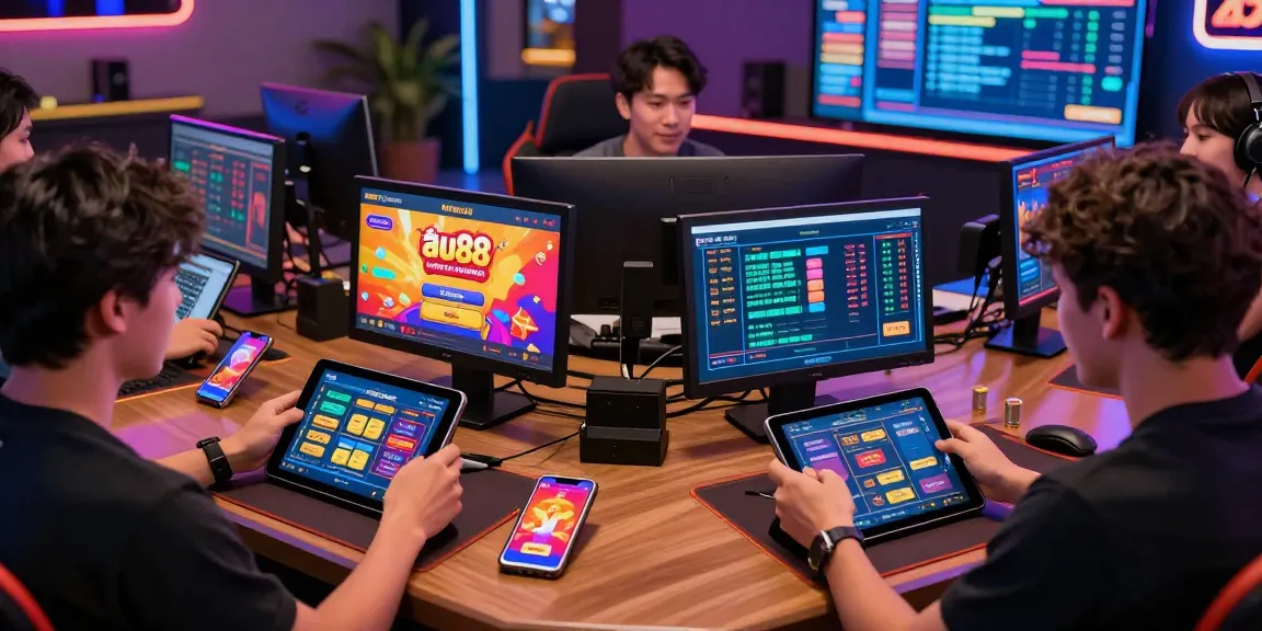 Excited players exploring khuyến mãi au88 promotions on digital devices in a vibrant betting atmosphere.