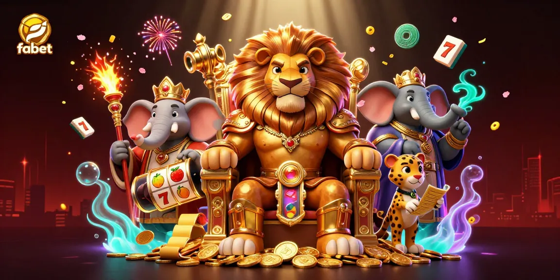 Spin slots with fabet, as a majestic lion king presides over a vibrant casino scene.