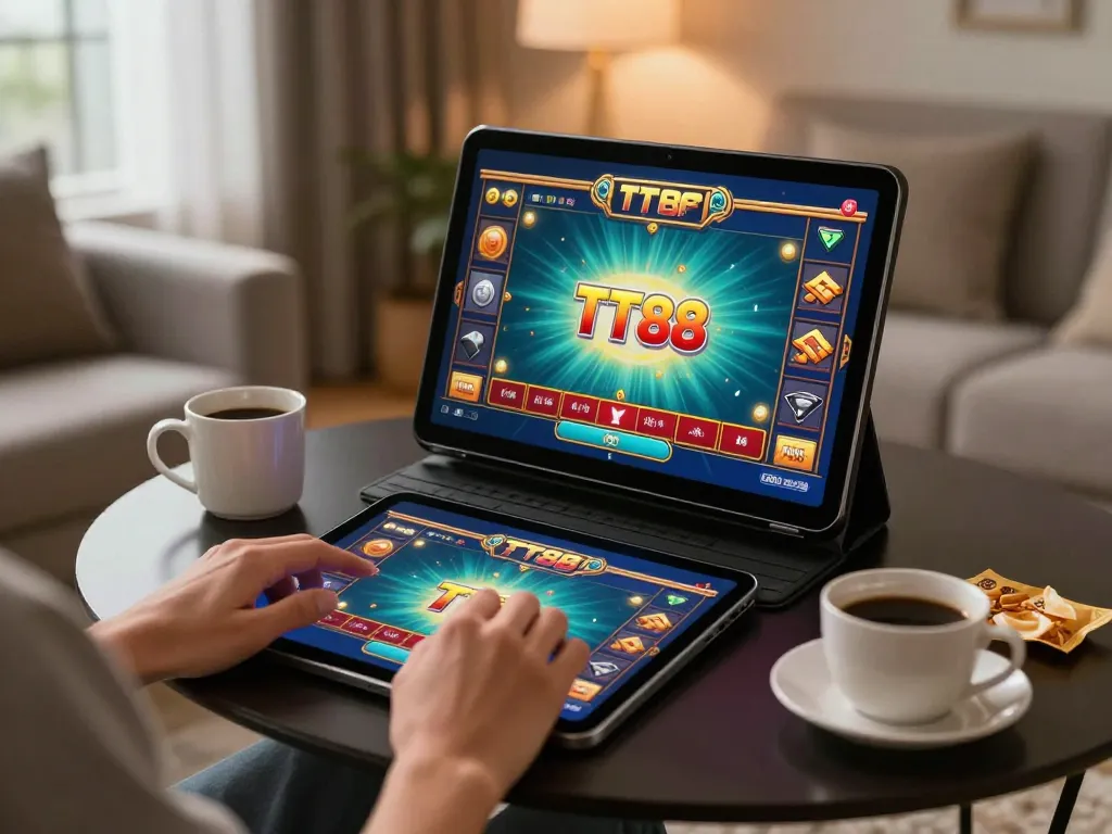 Engaging with TT88 casino games on a tablet in a cozy home setting.