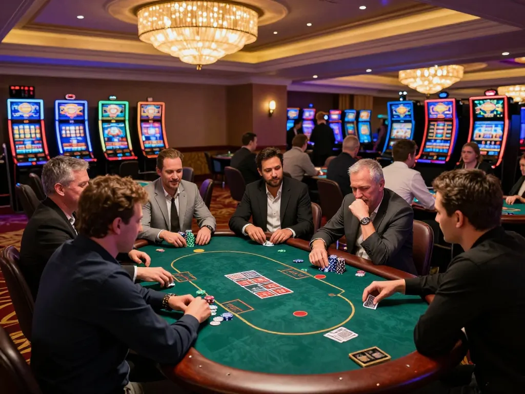 mm88br players enjoying excitement at a busy casino poker table, highlighting strategy and engagement.