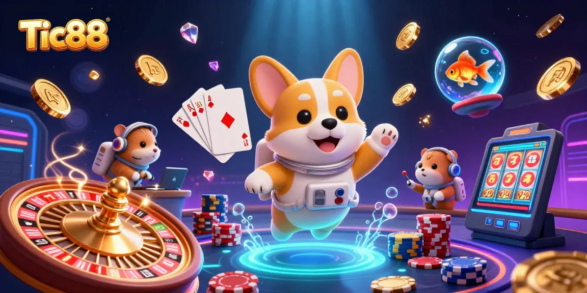 Tic88 brings a whimsical 3D space casino adventure with floating coins and characters in action.