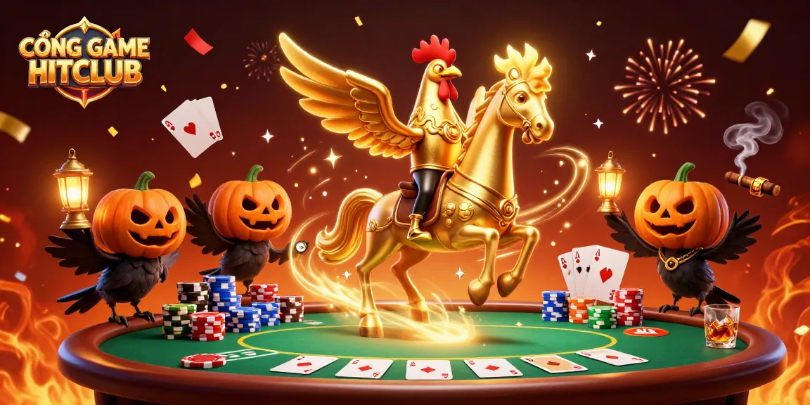 CỔNG GAME HITCLUB showcases an energetic casino scene with vibrant characters, poker elements, and celebratory effects