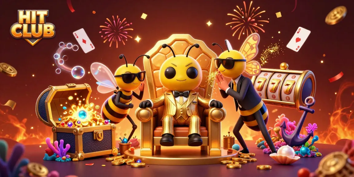 Experience the excitement of HIT CLUB as cartoon characters engage in thrilling slot games surrounded by treasures.