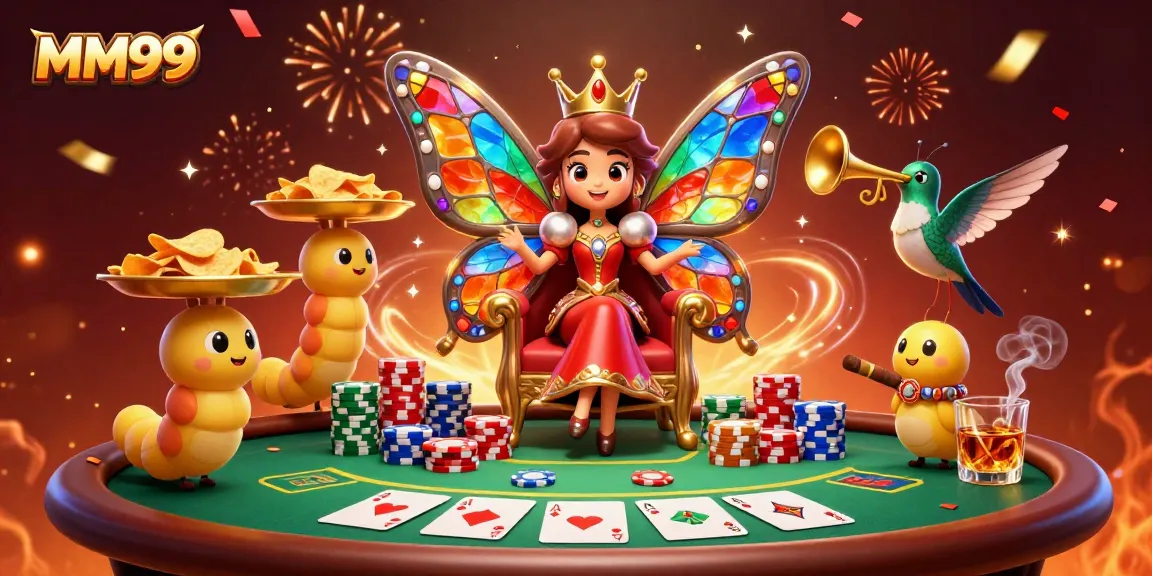 Engage with MM99's exciting casino world featuring vibrant characters and poker elements.