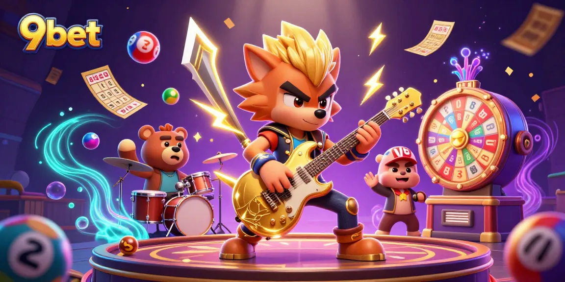 Engage in excitement with 9bet's vibrant casino scene featuring a rock star wolf and lottery elements.