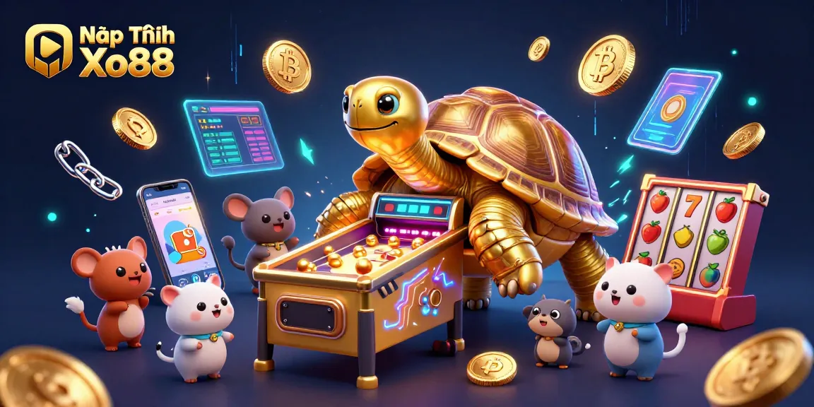 Nạp Tiền Xo88 with dynamic slot games and crypto elements in a lively casino scene.