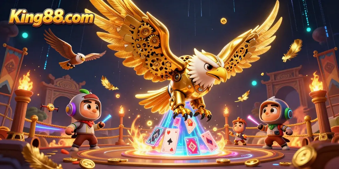 Experience thrilling gameplay in King88com's vibrant casino world with holographic cards and dynamic characters.