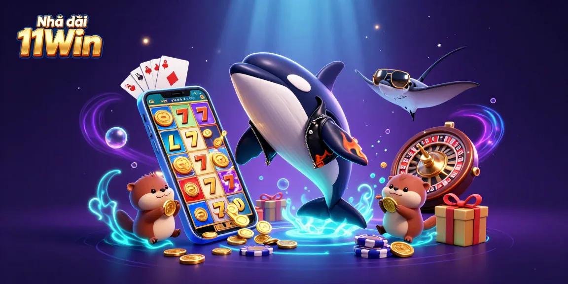 Engage with Nhà cái 11Win through a vibrant 3D casino scene featuring sea creatures and golden coins.