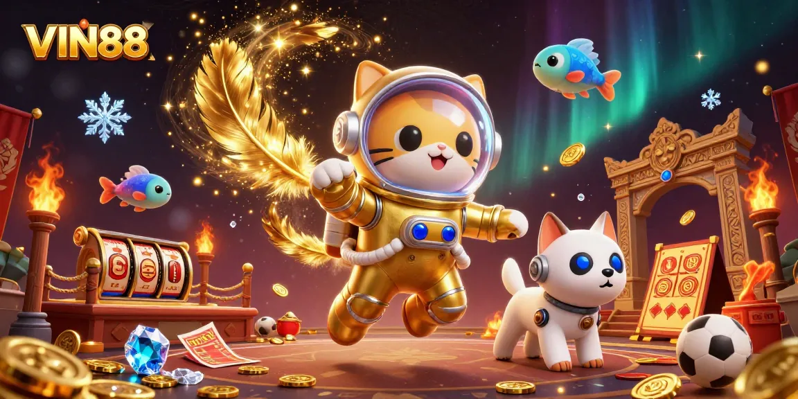 Experience thrilling bets at VIN88 with floating characters and vibrant casino elements.