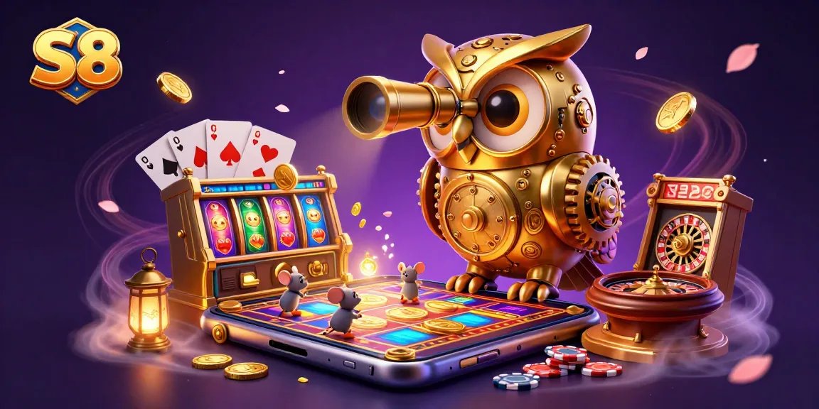 Experience the excitement of S8 casino with a vibrant illustration featuring a golden owl and dynamic slot action.