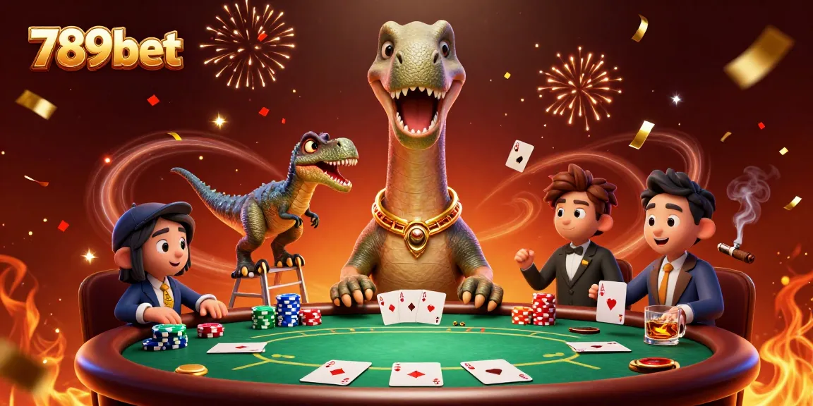Trải nghiệm tuyệt vời tại 789bet với hình ảnh brontosaurus trong sòng bài và raptor đang phát bài.