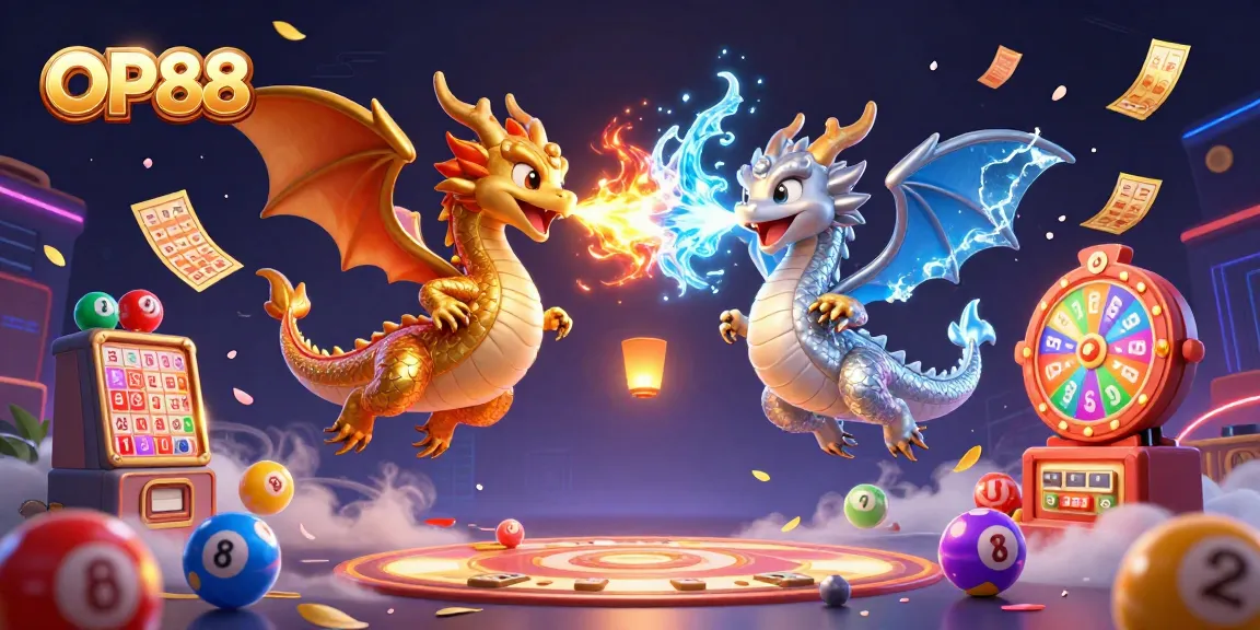 Win big at OP88 with an engaging scene of 3D silver and gold dragons amidst vibrant gambling elements.