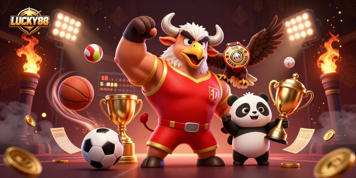 LUCKY88 celebrates sports betting with dynamic scenes of victory and golden trophies, showcasing excitement and strategy.
