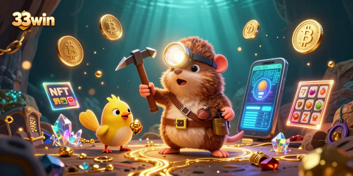 Experience the thrill of 33win with treasure hunters and crypto elements in a vibrant casino scene.