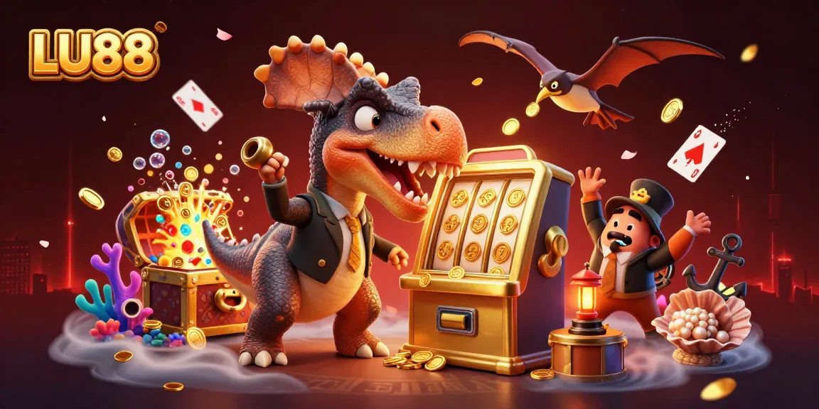 LU88 casino scene with vibrant characters, a jackpot slot machine, and energetic gameplay elements