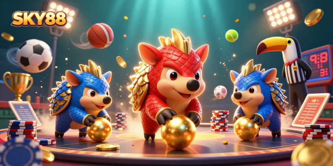 Engage with SKY88 as rival pangolins roll through poker chips in a vibrant casino scene.